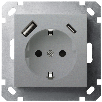 Розетка SCHUKO© с USB A+C с защитными шторками 16A 250V~ 2P+T USB 25W, цвет Алюминий, G5501USB-25S, Jasmart Розетка SCHUKO© с USB A+C с защитными шторками 16A 250V~ 2P+T USB 25W, цвет Алюминий, G5501USB-25S, Jasmart